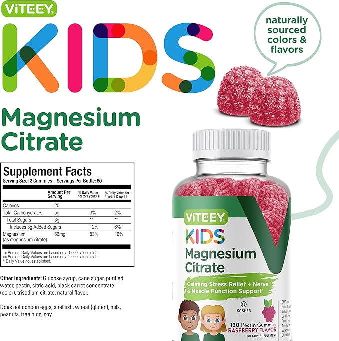 Kids Magnesium Citrate Gummies - Supports Sleep Aid, Calm Gummies, Muscle Relaxer, Optimal Relaxation - Vegetarian, Gelatin Free, Gluten Free, GMO Free - Tasty Chewable Raspberry Flavored Gummy