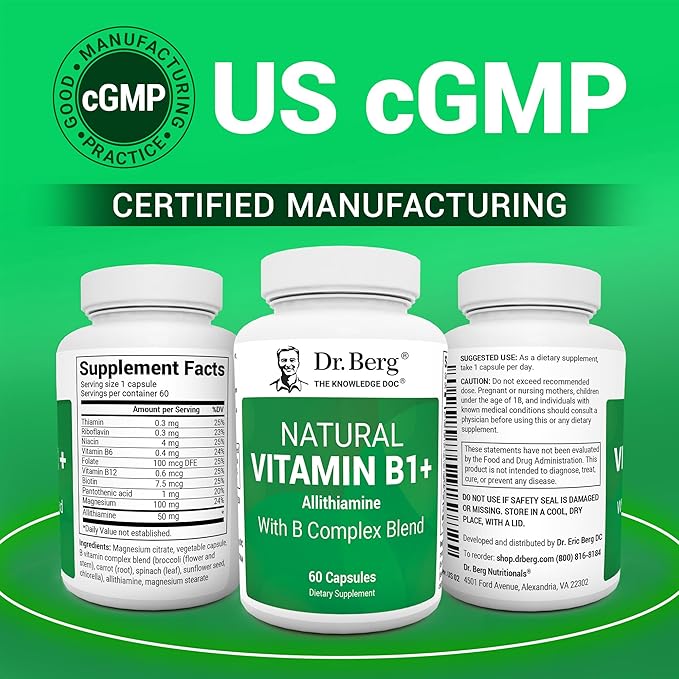 Dr. Berg Natural Vitamin B1 B6 B12 Complex - Allithiamine Vitamin B1 Supplement with 8 Essential Vitamin B Complex for Men & Women Including Thiamin, Niacin, Folate, Magnesium & More - 60 Capsules