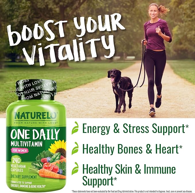 NATURELO One Daily Multivitamin for Women - Energy Support - Whole Food Supplement to Nourish Hair, Skin, Nails - Non-GMO - No Soy - Gluten Free - 240 Capsules | 8 Month Supply