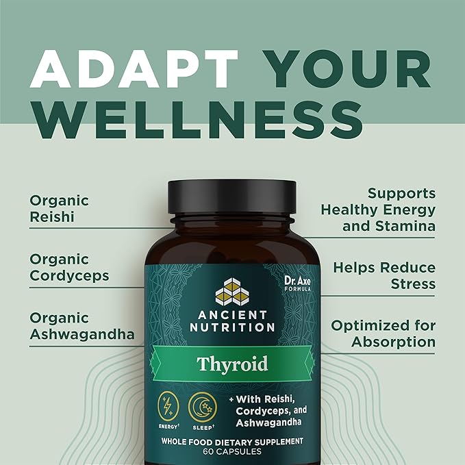 Thyroid Support Supplement with Ashwaghanda by Ancient Nutrition, Thyroid Capsules, Promotes Restful Sleep and Reduced Stress, Gluten Free, Paleo and Keto Friendly, 60ct