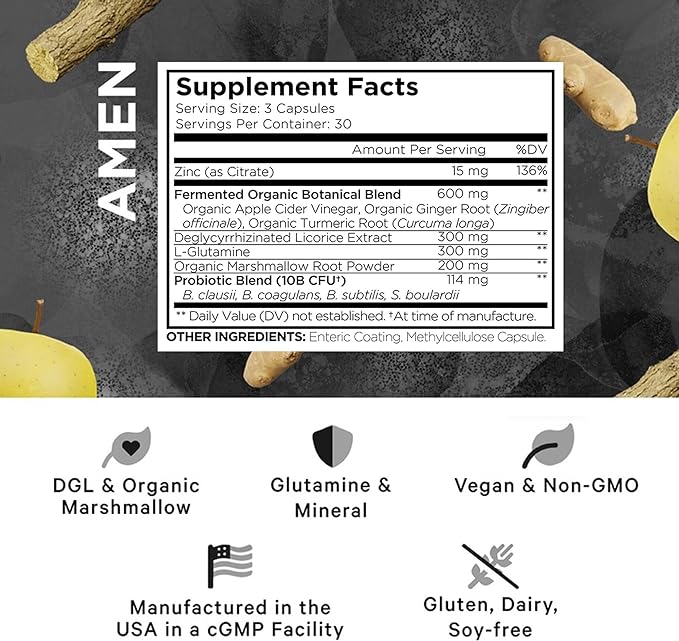 Amen Leaky Gut Supplement - Advanced Formula with Bioavailable L Glutamine, Zinc, Turmeric, DGL Licorice Root - Marshmallow Root - Probiotics & Fermented Prebiotics - Vegan, Non-GMO - 90 Capsules