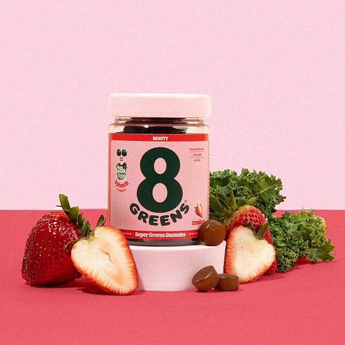 8Greens Supergreens Beauty Gummies with Collagen & Biotin | Super Greens Powder Superfood Gummy for Healthy Skin, Hair, Nails, Glow, and Firmness, Superfood Booster, Strawberry Flavored, 150 Count