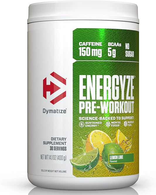 Dymatize Energyze Pre Workout Powder for Men and Women, Lemon Lime Flavor, 150mg Caffeine, 5g BCAAs, Performance Blend of L-Theanine, L-Tyrosine, L-Citrulline, No Sugar, 30 Servings