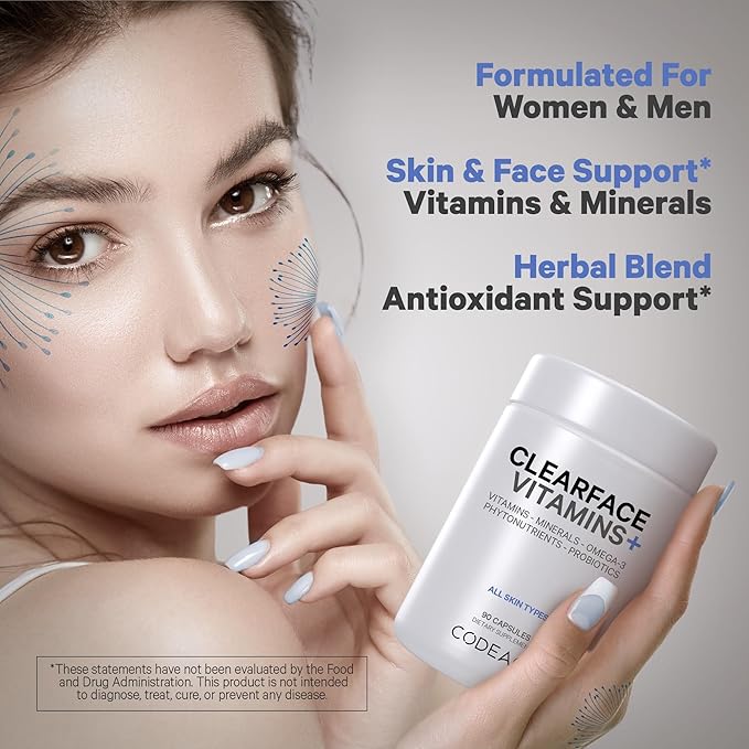 Codeage Clearface Pantothenic Acid, Niacin Supplement, Vitamins A, C, D3, E, Probiotics, Zinc, Riboflavin, Thiamin, L-Lysine HCL & Omega-3, Niacinamide, Skin Botanical Blend - Non-GMO - 90 Capsules