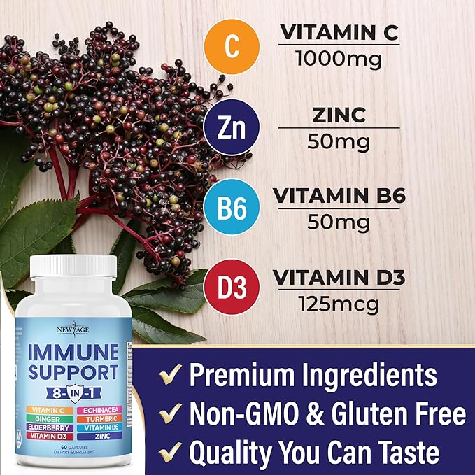 NEW AGE 8 in 1 Immune Support Booster Supplement with Echinacea, Vitamin C and Zinc 50mg, Vitamin D 5000 IU, Turmeric Curcumin & Ginger, B6, Elderberry (8 in 1 Capsules (Pack of 5))