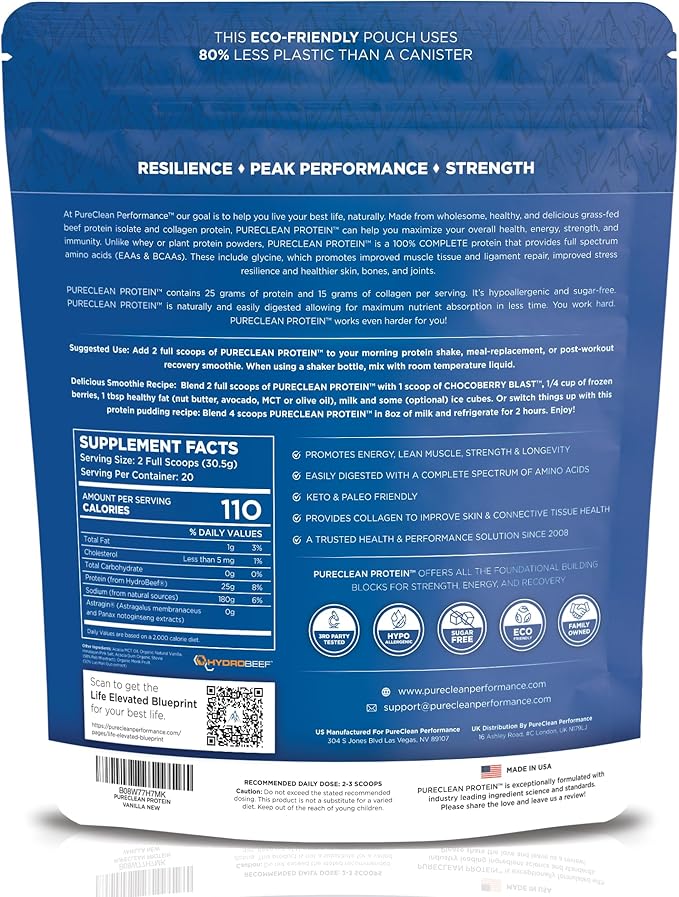PureClean Protein 25G Organic Grass Fed Beef Bone Broth Protein from Swedish Cattle - Paleo & Keto-Friendly, Gluten-Free, Sugar-Free, Dairy-Free - Enhanced with Collagen Peptides - (615 Grams) Vanilla