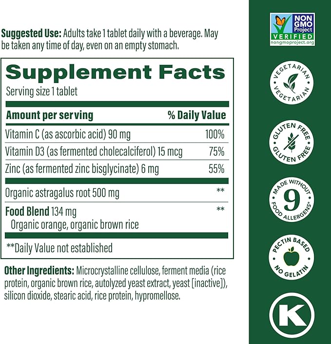 MegaFood Daily Immune Support - Immune Support Supplement with Vitamin C, Vitamin D, Zinc, Astragalus Root, and More - Vitamins for Women & Men - Non-GMO - Made Without 9 Food Allergens - 60 Tabs