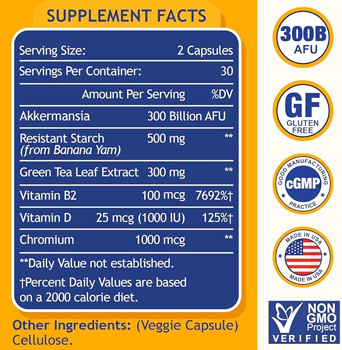 GLP-1 Supplement | 300 Billion AFU Akkermansia Muciniphila, Akkermansia Probiotic for Women Men, Akka Superbiotics for GLP-1 Production, Digestive, Gut, Immunity, Enhances Gut Lining Function, 60 Caps