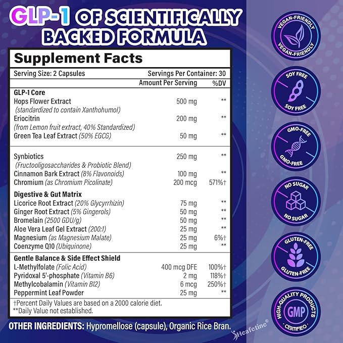 GLP-1 Supplement Support, with Naturally GLP-1 Supplement Probiotic, Hops & Green Tea Extract, GLP 1 Supplement for Gut, Energy, GLP-1 Levels & Overall Health - 420 Capsules