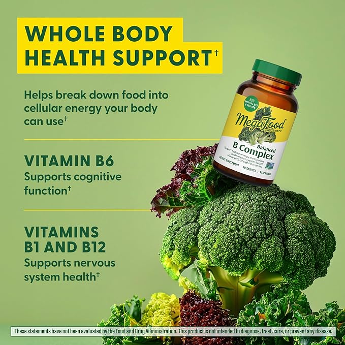 MegaFood Balanced B Complex - B Complex Vitamin Supplement, 8 B Vitamins including Vitamin B6, Vitamin B12, Folate, Biotin & more, Supports Cellular Energy Production, Vegan, Gluten Free - 30 Tablets