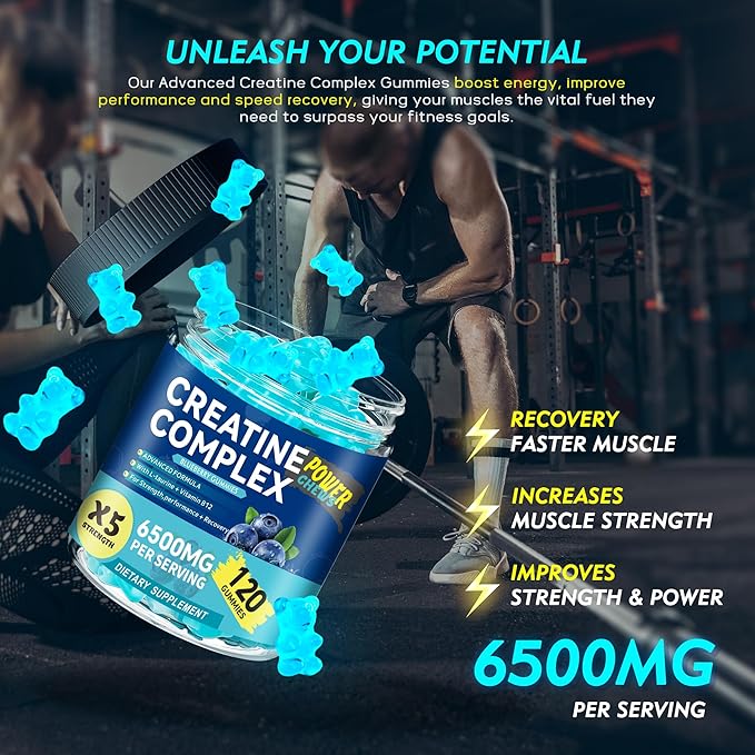 Creatine Monohydrate Gummies 6500mg per Serving for Men & Women - 120 Gummies X5 Strength Sugar Free Chewable Creatine for Muscle Builder, Muscle Strength, Pre-Workout Supplement (Blueberry)