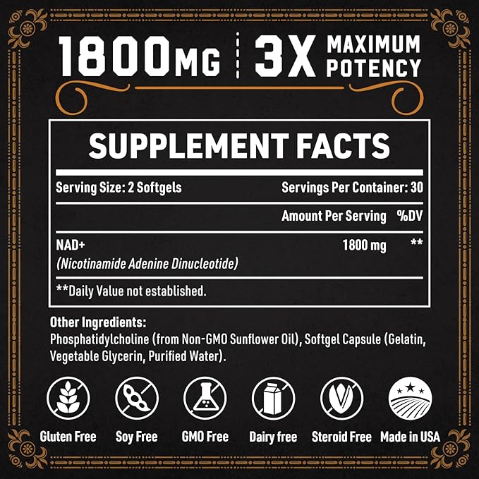1800 MG Liposomal NAD Supplement, NAD+ Supplement Similar to Nicotinamide Riboside, 98% Pure NAD Plus Supplement for Energy Booster & Cellular Repair for Men & Women, Non-GMO, 60 Softgels