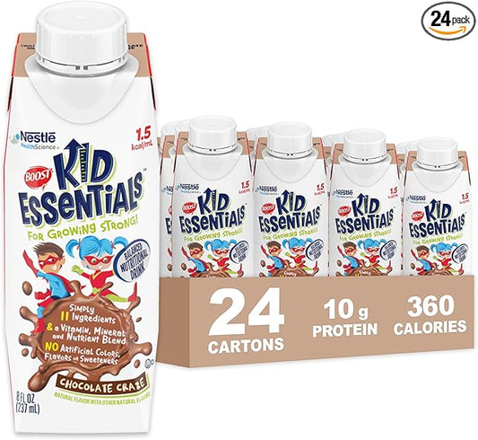 BOOST KID ESSENTIALS (1.5 kcal/mL) Chocolate Craze Nutritional Drink, 10g Protein, Vitamin C, D , B12, and Zinc, 8 Fl Oz (Pack of 24)
