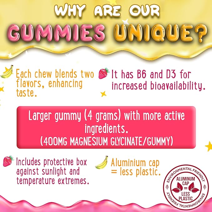 Magnesium Glycinate Gummies 400mg - Magnesium for Sleep, Calm, Relax & Muscle Relief with B6 & D3 and No Melatonin - Family-Friendly for Kids, Teens & Adults - Vegan & Non-GMO Supplement - 60 Count