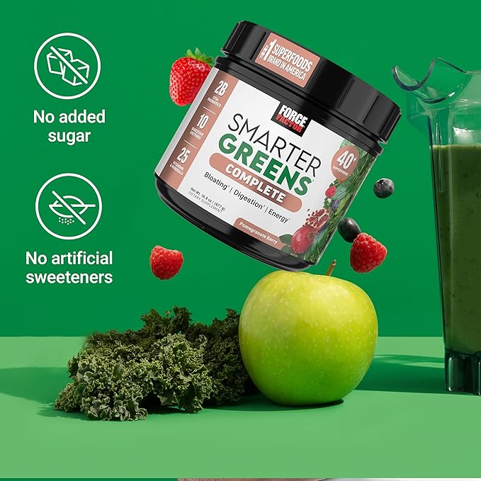 Force Factor Smarter Greens Superfoods Powder to Support Digestion, Gut Health, Bloating, Greens Powder with Probiotics, Prebiotics, Digestive Enzymes, & Adaptogens, Pomegranate Berry, 60 Servings