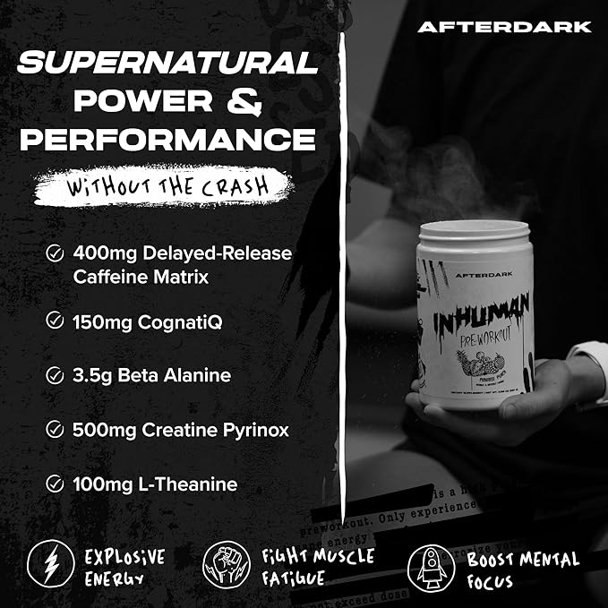 AFTERDARK INHUMAN Pre-Workout Powder, Enhanced Mind-Muscle Connection, Sustained Energy, Potent Nootropic Blend, Vegan, Gluten-Free, Soy-Free, 400mg Caffeine, No Crash, Candy Rope