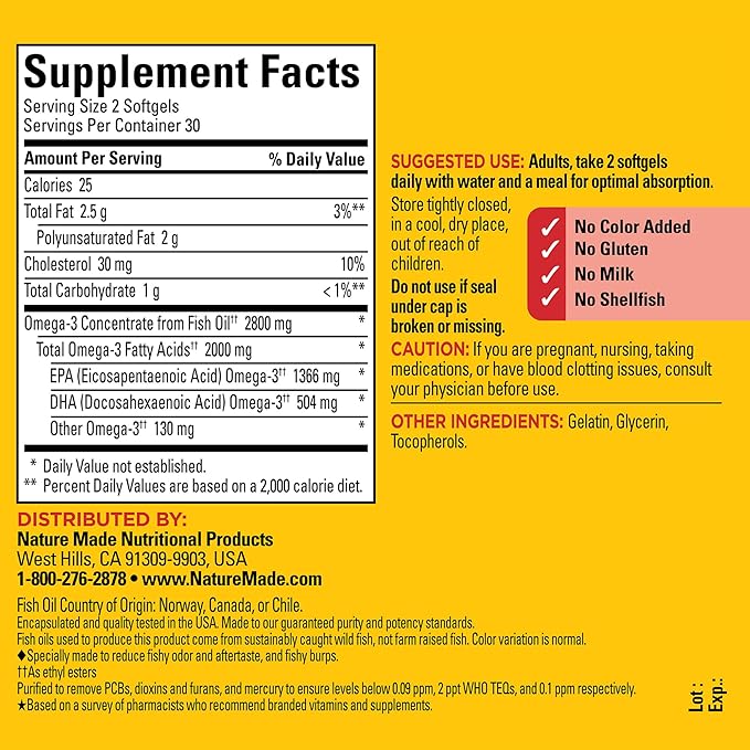 Nature Made Extra Strength Omega 3 Fish Oil 2800 mg per serving, Fish Oil Supplements as Ethyl Esters, Omega 3 Supplement for Healthy Heart, Brain, Eyes, and Mood Support, 60 Softgels, 30 Day Supply