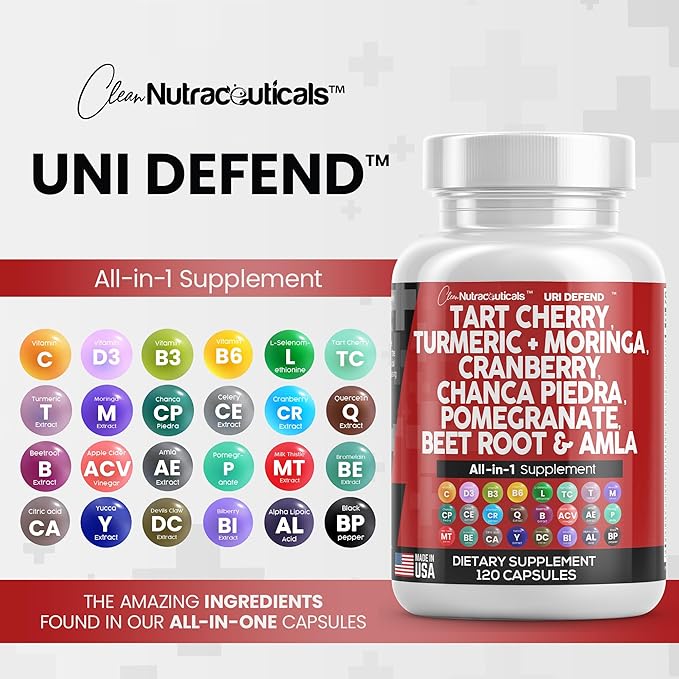 Clean Nutraceuticals Tart Cherry Extract Capsules with Turmeric Moringa Cranberry Chanca Piedra Celery Quercetin ACV Pomegranate L Selenomethionine - Uric Levels - 120 Ct