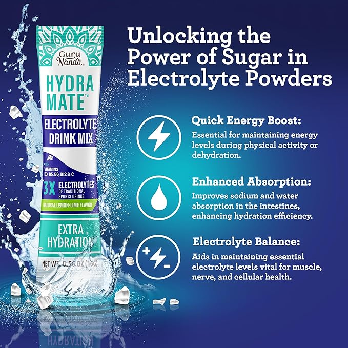 GuruNanda Hydramate Hydration Support Drink Mix - Electrolyte Powder Packets for Dehydration, Exercise & Energy - No Added Sweeteners, Non-GMO, Natural Lemon Lime Flavor - 24 Count (0.56 oz Each)
