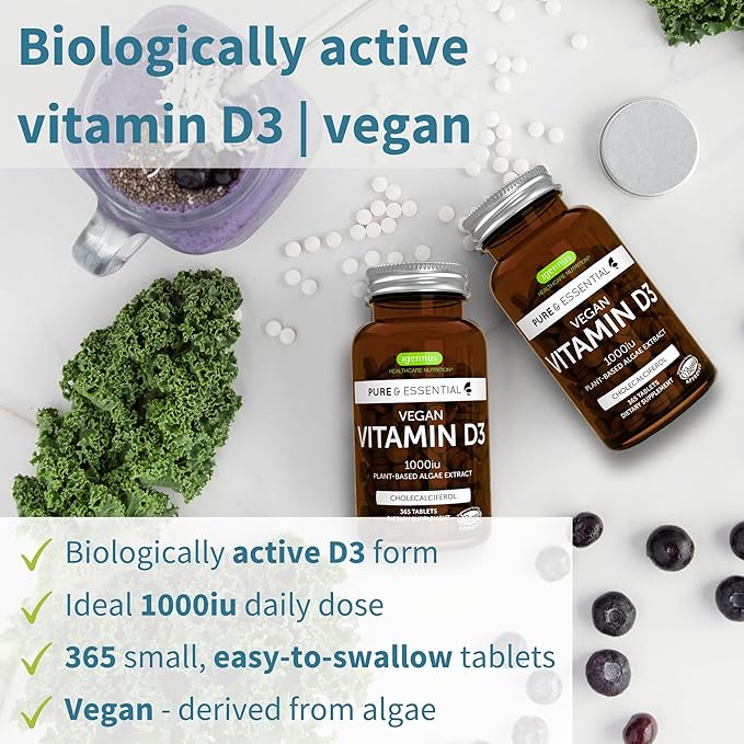 Igennus Healthcare Nutrition Natural Vegan Vitamin D3 1000IU, 365 Tablets, 100% Plant-Based Algae Cholecalciferol & Non-GMO, Immune, Bones & Teeth, 1-Year Supply