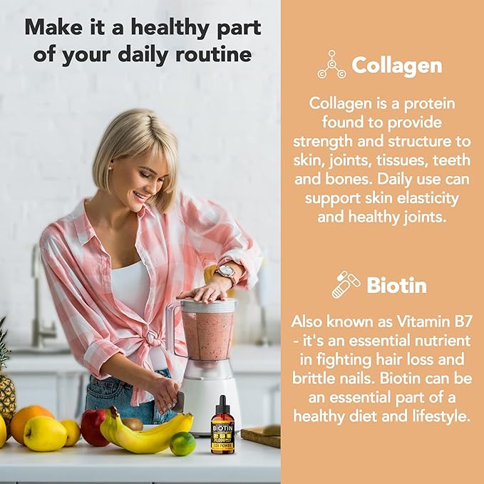 Liquid Biotin & Collagen 70,000mcg Hair Growth Vitamin Drops - Healthy & Radiant Skin, Strong Nail Support - High Potency Hair Loss Supplement For Damaged Strands, USA Made For Men & Women (4oz)