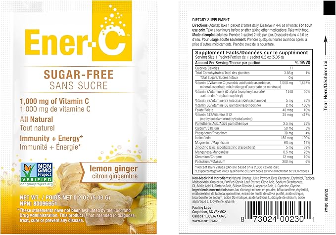 Ener-C Sugar Free Lemon Ginger Multivitamin Drink Mix, 1000mg Vitamin C, Non-GMO, Vegan, Real Fruit Juice Powders, Natural Immunity Support, Electrolytes, Gluten Free, 1-Pack of 30