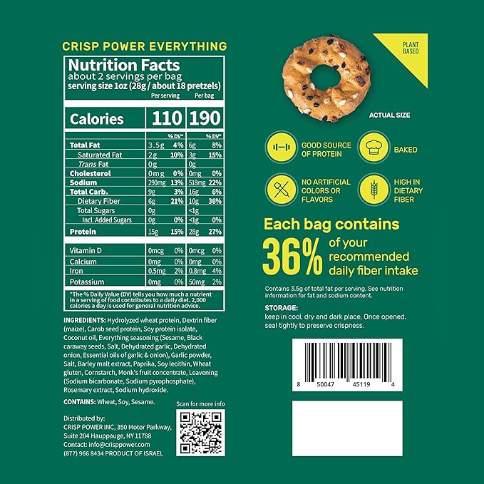 Crisp Power High Protein Pretzel Crisps - 6 Pack x 1.75 oz Crunchy & Flavorful Plant-Based Snack. No Sugar, 28g Protein Per Pack in 3 Savory Flavors, Vegan, Keto Friendly, Non-GMO, Kosher Non-Dairy (1.75 Ounce (Pack of 6), Everything)