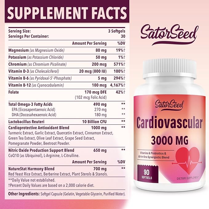 Cardiovascular Supplement 3000MG Vitamins & Probiotics & All-in-One Synergistic Blend with Omega-3 and CoQ10 for Adults 90 Softgels