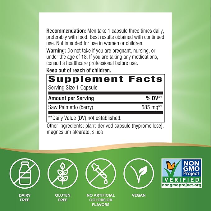 Nature's Way Saw Palmetto Berries, Traditional Prostate Support*, 585 mg per Serving, Non-GMO Project Verified, Vegan, 100 Capsules (Packaging May Vary)