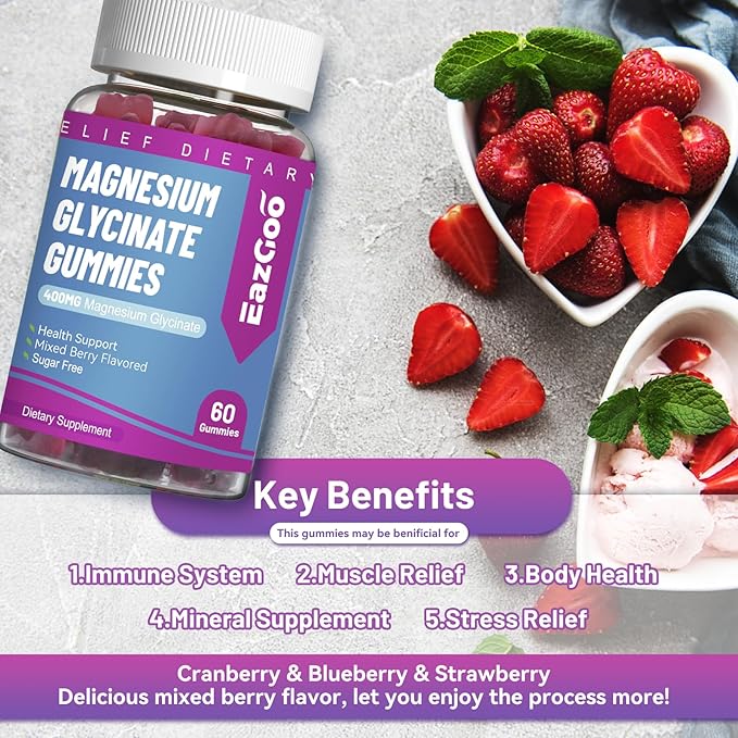Magnesium Glycinate Gummies 400mg with L-Threonate 200mg - Sugar-Free Magnesium Potassium Supplement with Vitamin D, B6, CoQ10 for Muscle - 60 Mixed Berry Flavored Gummies