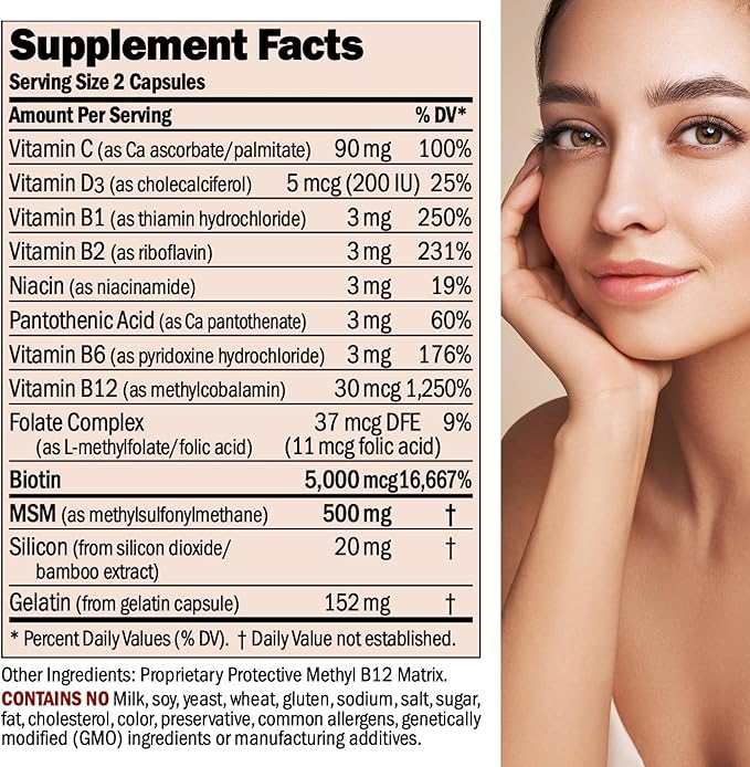 ANDREW LESSMAN Healthy Hair, Skin & Nails 120 Capsules – 5000 mcg High Bioactivity Biotin, B-Complex - Promotes Beautiful Hair, Skin, Strong Nails - No Additives Hair Growth Vitamins Biotin Supplement