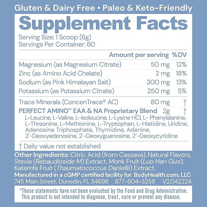 BodyHealth PerfectAmino Electrolytes Powder, Hydration Powder, Sugar Free Electrolyte Drink Mix, Keto Electrolytes Powder, Non GMO, Lemon Lime Flavor (60 Servings)