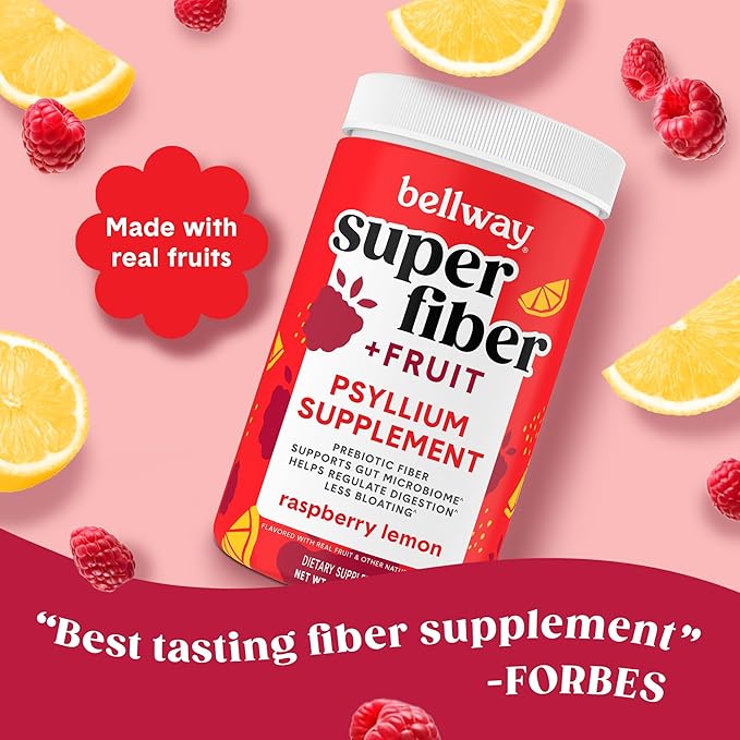 Bellway Super Fiber Powder + Fruit (5 Pack), Sugar Free Organic Psyllium Husk Powder Fiber Supplement for Regularity, Bloating Relief & Gut Health, Non-GMO, Plant-Based, Raspberry Lemon (250 Servings)
