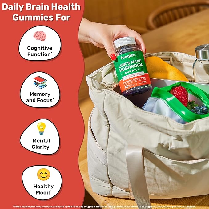 Fungies Lion's Mane Mushroom Gummies, Mixed Blueberry & Strawberry Flavor - Mushroom Supplement Gummy for Adults & Children Supports Brain Health, Cognitive Function, Focus, Memory & Mood, 60 Servings