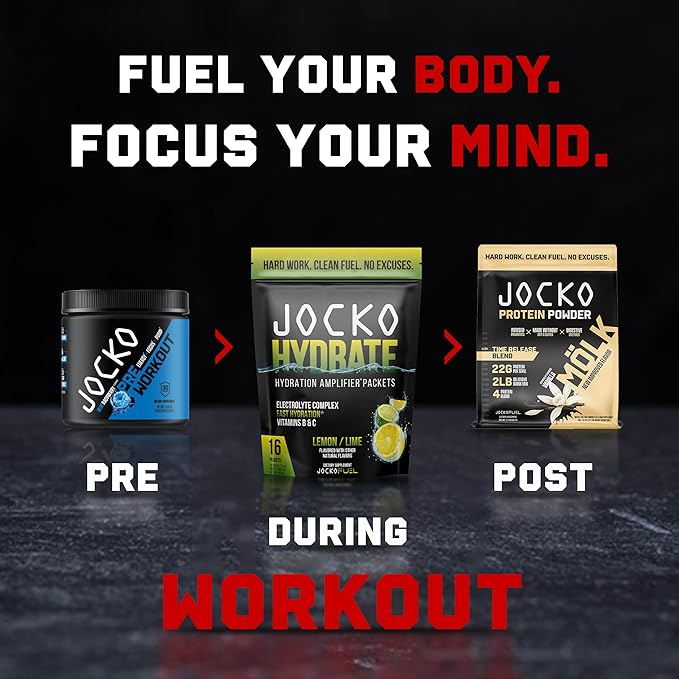 Jocko Fuel Hydrate Electrolytes Powder Packets Low Sugar - Hydration Amplifier Packets for Recovery, Dehydration, & Exercise - with Vitamins B6, B12 & C (16 Packets) Lemon Lime
