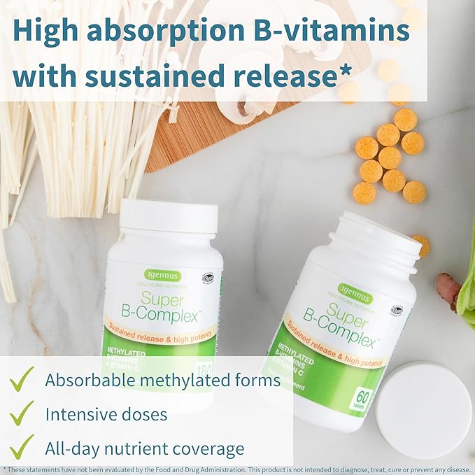 Super B-Complex – Methylated B Vitamins, MTHFR Supplement with Methylfolate & B12 Methylcobalamin, Sustained Release, Clean Label, Vegan, Lab Verified, 180 Small Tablets by Igennus