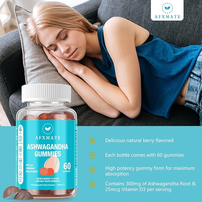 AFXMATE Ashwagandha Gummies & Vitamin D Gummies for Men & Women 120 Count Aswangdha Supplement (Non-GMO, Sugar Free & Gluten Free)