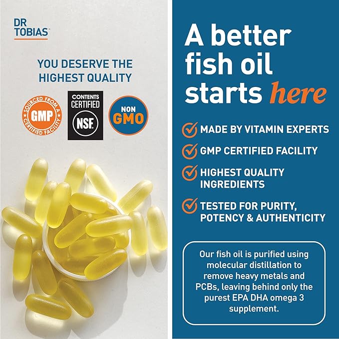 Dr. Tobias Omega 3 Fish Oil, 2000mg Triple Strength Omega 3 Supplement with 800mg EPA 600mg DHA Per Serving, Fish Oil Omega 3 Supplements for Heart, Brain & Immune Support, 360 Softgels, 180 Servings