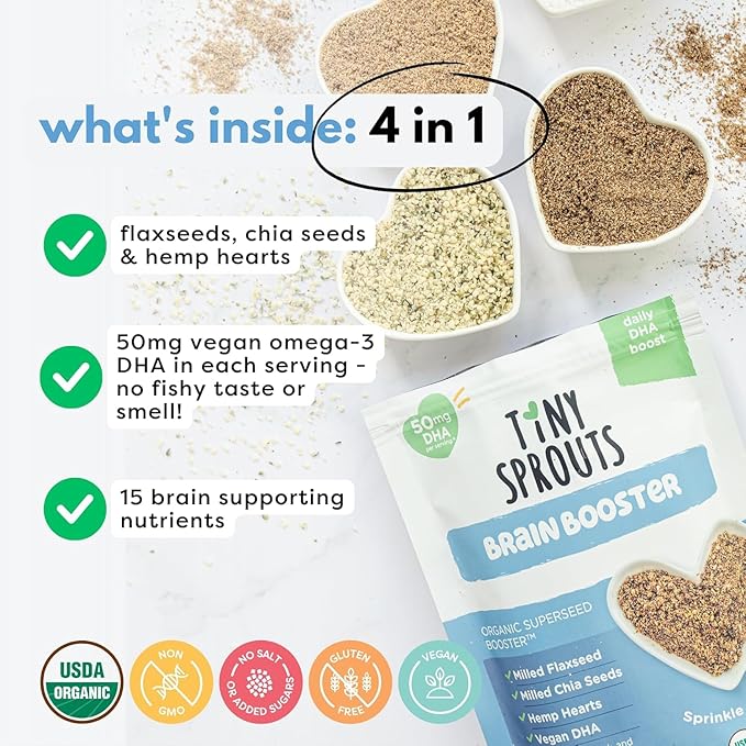 Superseed Organic Milled Chia, Flaxseed and Hemp Heart Brain Booster with Vegan Omega-3 DHA S Prebiotic Fiber Protein Gluten Free Seeds for 6M+ Babies Toddlers & Kids (7oz x 2 Pack)