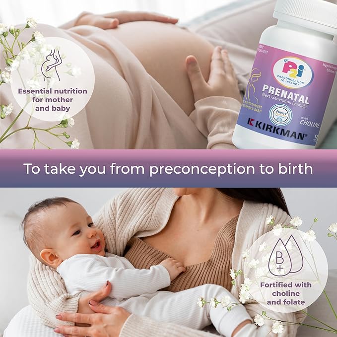 Kirkman P2i Prenatal Vitamins for Women, Multivitamin with Choline, 120 Capsules, Vital Daily Nutritional Support for Healthy Mother & Baby, OBGYN Formulated & Endorsed, Hypoallergenic & Gluten-Free
