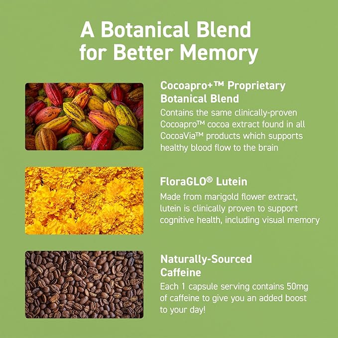 CocoaVia Memory & Focus Brain Supplement, 30 Day, Cocoa Flavanol Blend, Lutein, Added Caffeine for Boost. Improve Cognitive Function, Attention, Vegan & Plant Based, 30 Capsules