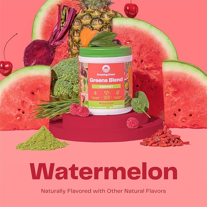 Amazing Grass Greens Superfood Energy: Greens Powder with Plant Based Caffeine, Matcha Green Tea & Beet Root Powder, Watermelon, 60 Servings (Packaging May Vary)