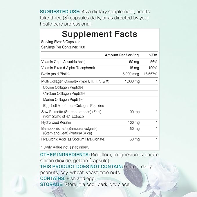Multi Collagen Pills with Vitamin C, E & Biotin, 300 Capsules – Hydrolyzed Collagen Peptides – 11 in 1 Formula with Saw Palmetto, Bamboo Silica, & Hyaluronic Acid – Hair, Skin, Nail, & Joint Health