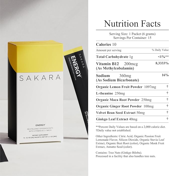 SAKARA Energy Effervescents, 15 Packets - Refined Sugar Free Electrolytes Powder Packets with Vitamin B12 & L Theanine, Flavored Water Packets, Hydration Powder, Energy Drink Electrolyte Powder