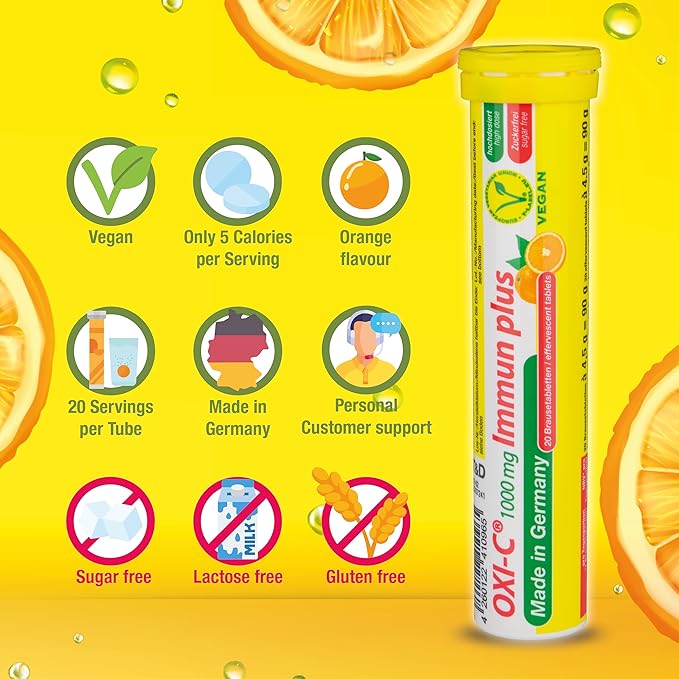 T&D Oxi C 1000 mg Vitamin C - 40 Vegan Drink Effervescent Tablets - Orange Flavor - Made in Germany