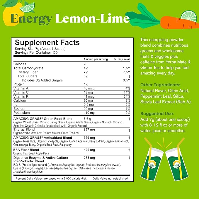 Amazing Grass Green Superfood Energy: Greens Powder with Plant Based Caffeine, Matcha Green Tea and Flax Seed, Nootropics Support, Lemon Lime, 100 Servings
