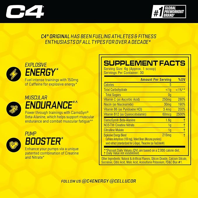 Cellucor C4 Original Pre Workout Powder ICY Blue Razz - Vitamin C for Immune Support - Sugar Free Preworkout Energy for Men & Women - 150mg Caffeine Plus Beta Alanine Plus Creatine - 30 Servings