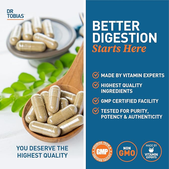 Dr. Tobias Digestive Enzymes with Amylase, Bromelain, Lipase, Lactase, Protease, Papain & More, Digestion Supplement with 18 Enzymes for Digestion and Gut Health, 60 Capsules, 30 Servings