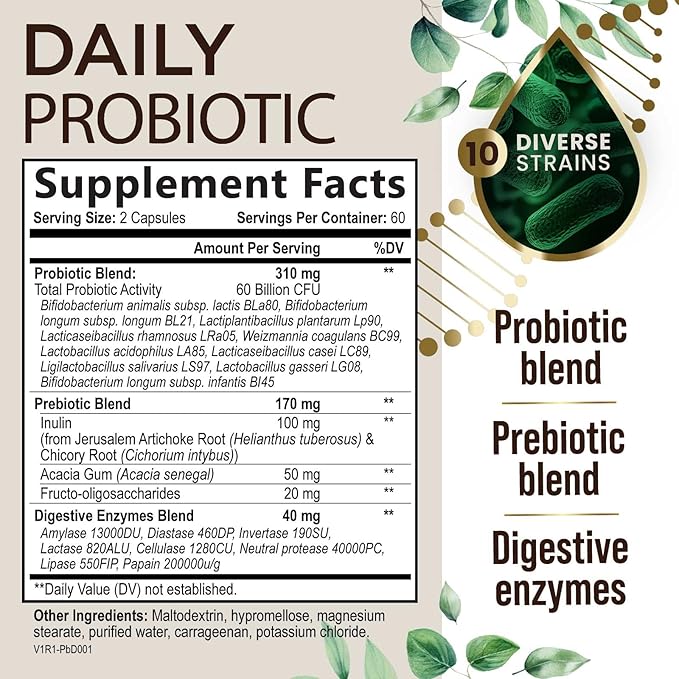Daily Probiotic and Acidophilus Prebiotics Supplement 60 Billion CFU Capsule for Women & Men - 10 Strains Plus Digestive Enzymes - for Bloating Gas & Gut & Immune Health Support - 120 Capsules
