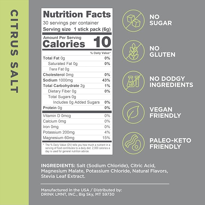 LMNT Zero Sugar Electrolytes - Citrus Salt | Drink Mix | 30-Count